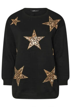 YOURS - Sweatshirt Noir Étoiles Sequins Léopard Manches Longues -Evans Boutique 2bfbd6db ac4f 4d 303833 X