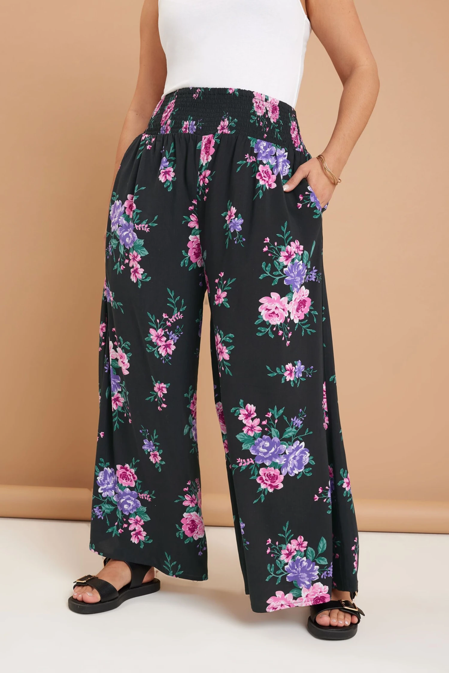 YOURS - Pantalon Plissé Wide Leg Noir & Rose Floral 3 YOURS - Pantalon Plissé Wide Leg Noir & Rose Floral