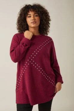 EVANS Curve Burgundy Red Stud Longline Jumper