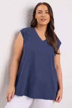 EVANS Curve Navy Blue Broderie Anglaise Vest Top