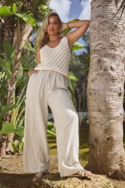 YOURS - Pantalon Blanc à Rayures Plissé En Lin