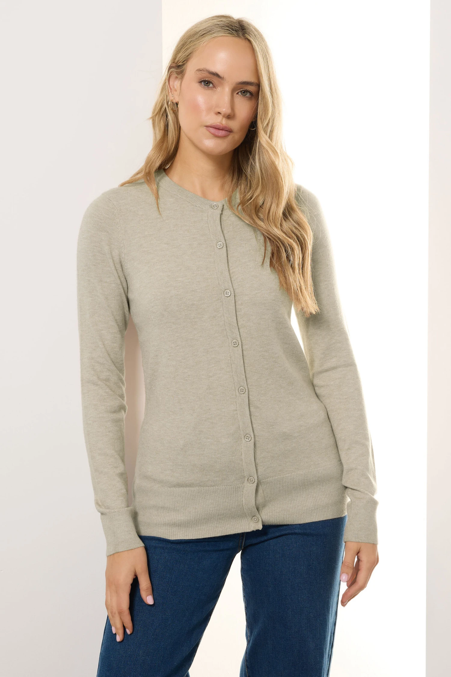 LTS Tall Cream Marl Crew Neck Button Cardigan 4 LTS Tall Cream Marl Crew Neck Button Cardigan – Image 2