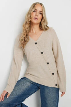 LTS Tall Natural Brown Knit Wrap Button Jumper