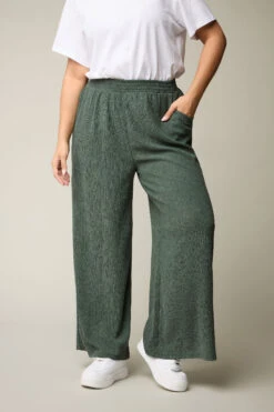 YOURS - Pantalon Wide Leg Vert Kaki Texturé à Poches