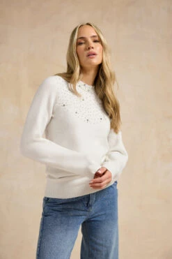 LTS Tall White Embellished Neck Jumper