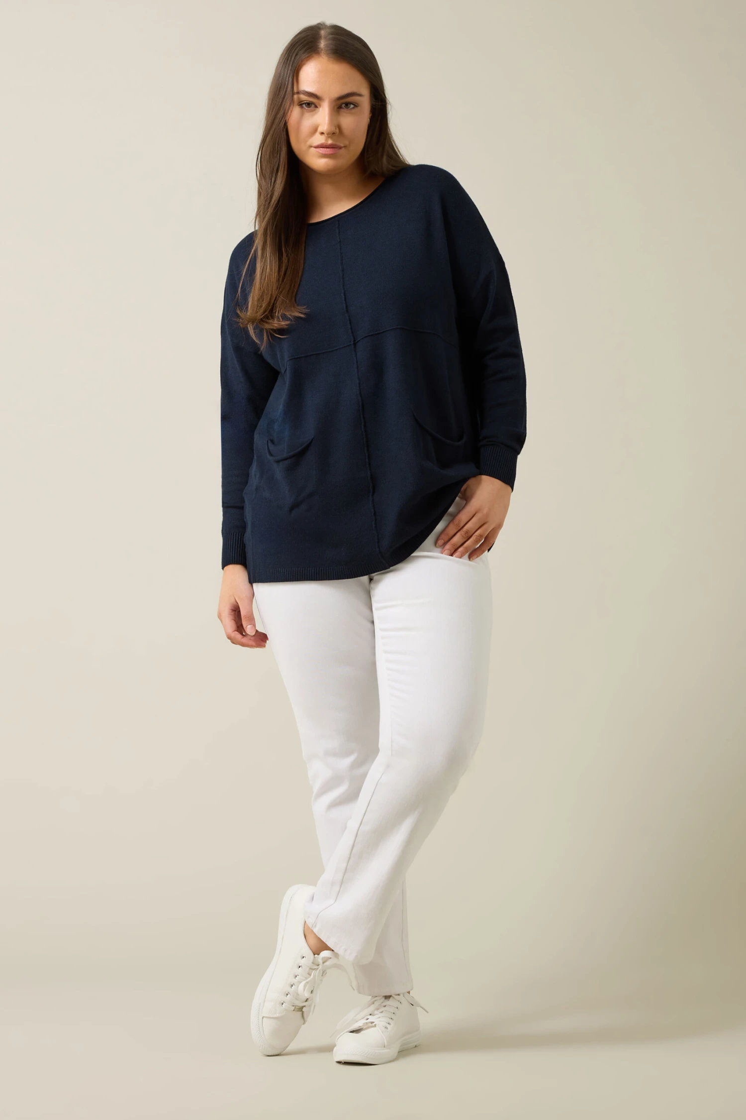 EVANS Curve Navy Blue Pocket Front Knitted Jumper 4 EVANS Curve Navy Blue Pocket Front Knitted Jumper – Image 2