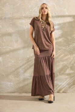 LTS Tall Chocolate Brown Textured Tiered Maxi Skirt