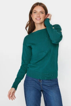 M&Co Teal Blue Button Sleeve Detail Jumper -Evans Boutique 36afd29c e2a3 46 501597 A