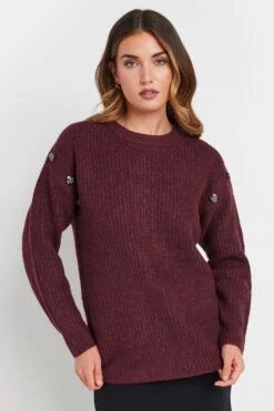 LTS Tall Burgundy Red Knitted Button Jumper