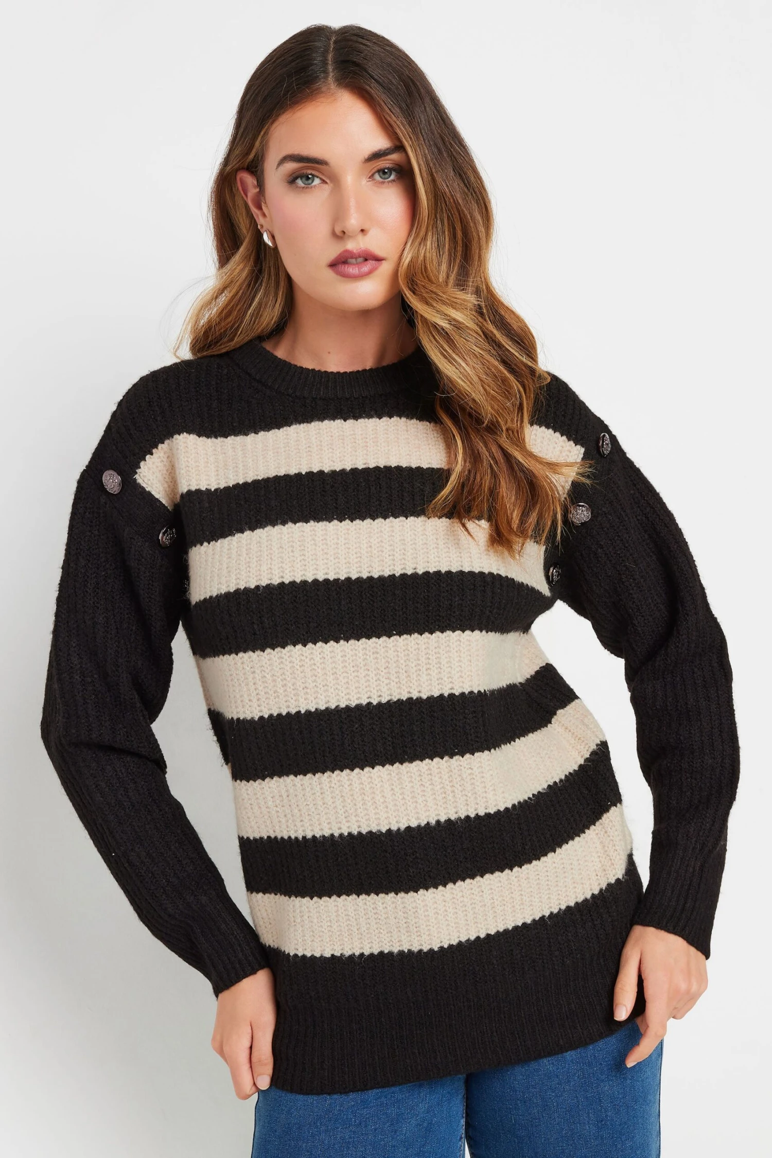 LTS Tall Black Knitted Striped Button Jumper 4 LTS Tall Black Knitted Striped Button Jumper – Image 2
