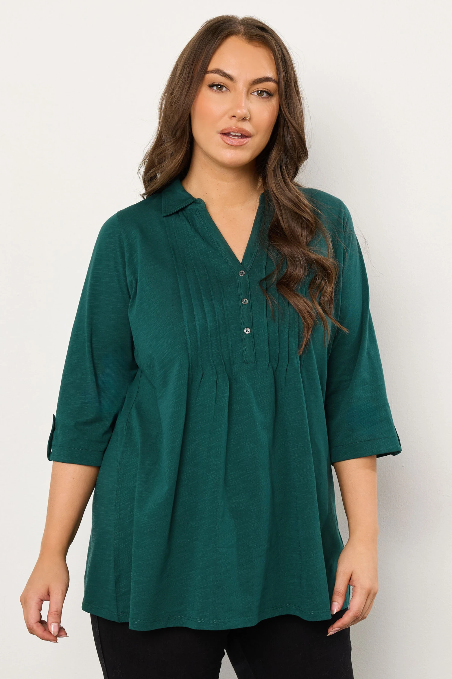 EVANS Curve Teal Green Pintuck Henley Top 3 EVANS Curve Teal Green Pintuck Henley Top