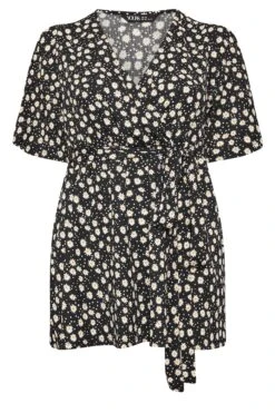 YOURS - Top Noir & Crème Cache-Coeur Texturé Floral -Evans Boutique 3b0fcdcc eaba 48 303500 X