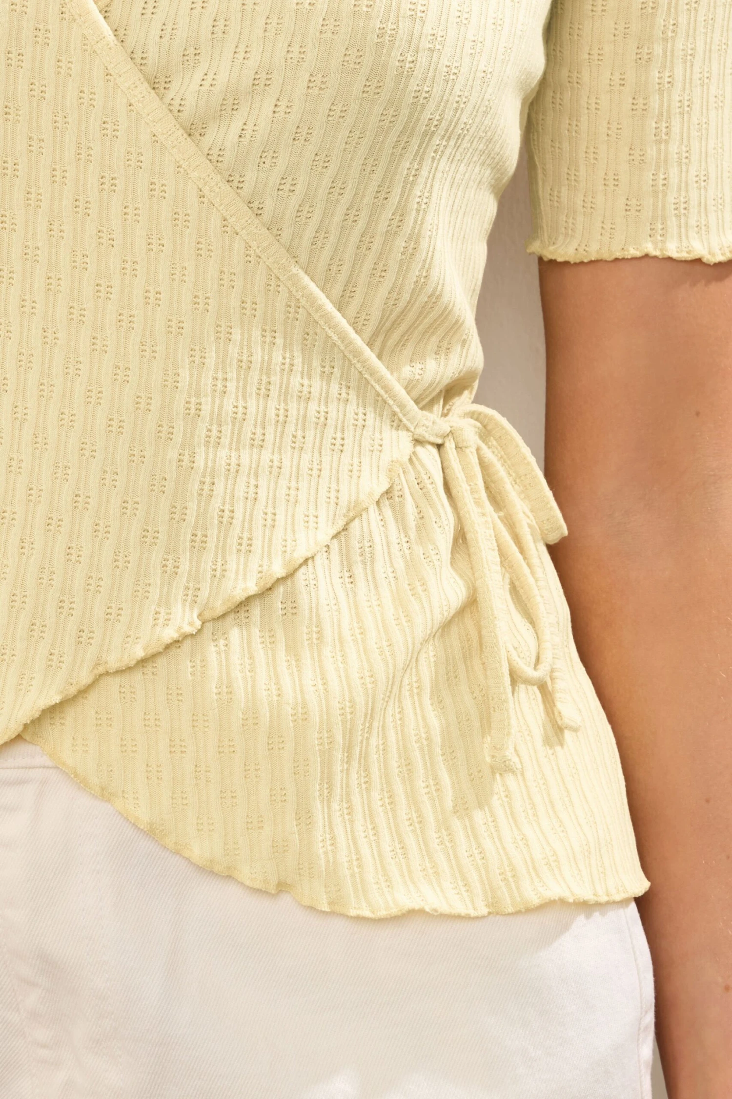 LTS Tall Yellow Pointelle Knit Wrap Top 7 LTS Tall Yellow Pointelle Knit Wrap Top – Image 5