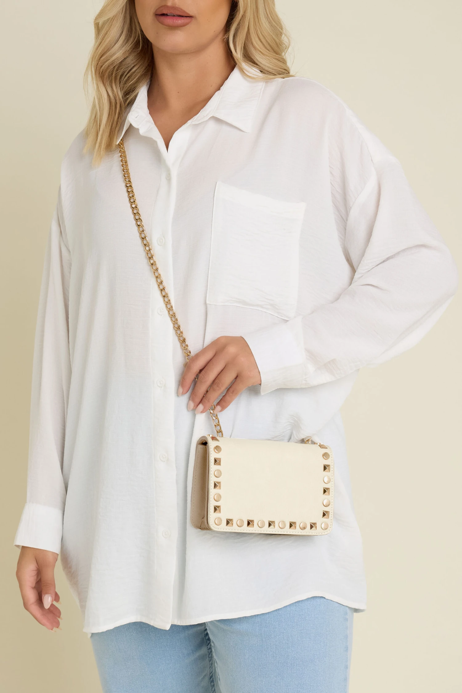 Beige Brown Faux Leather Stud Detail Cross Body Bag 4 Beige Brown Faux Leather Stud Detail Cross Body Bag – Image 2