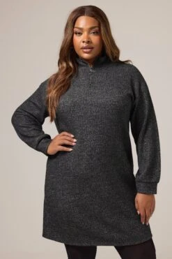 YOURS Curve Robe Pull Côtelée à Col Zippé Gris Anthracite