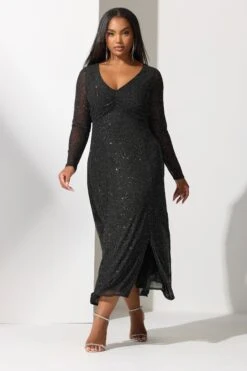 YOURS LONDON Curve - Robe Longue Noire Pailletée Froncée Sur Le Devant