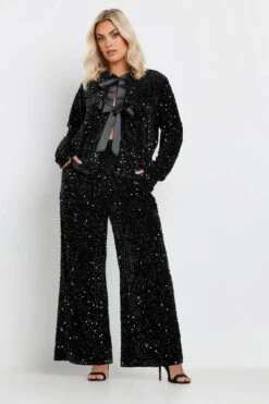YOURS - Pantalon Noir à Velours Coupe Wide Leg à Sequins