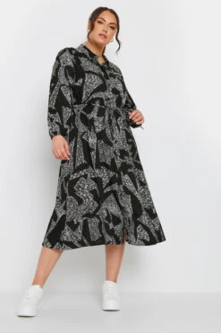 YOURS - Robe-Chemisier Noire Midi Design Abstrait