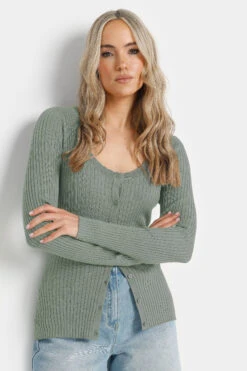 LTS Tall Sage Green Ribbed Scalloped Hemline Cardigan