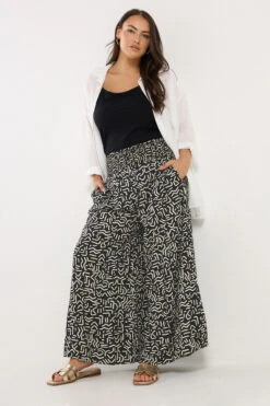 YOURS - Pantalon Plissé Wide Leg Noir Abstrait -Evans Boutique 42eb5836 21f5 46 310098 B