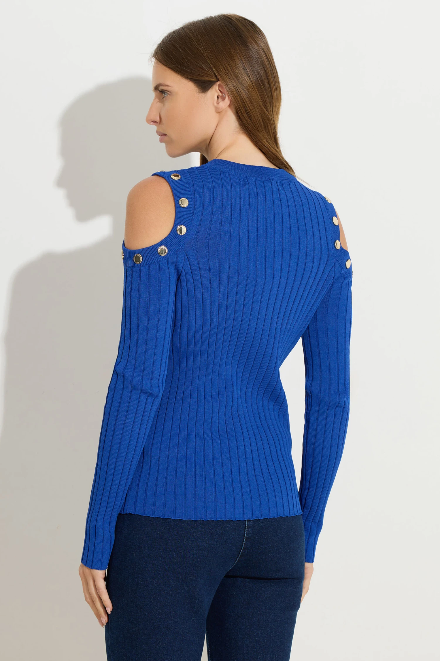 STAR Blue Button Detail Cold Shoulder Jumper 8 STAR Blue Button Detail Cold Shoulder Jumper – Image 6