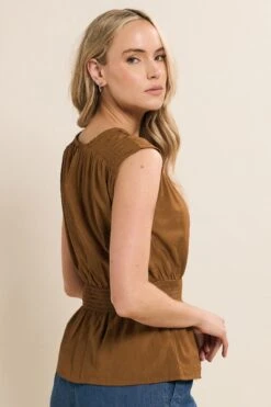 LTS Tall Brown Shirred Waist Top -Evans Boutique 437549a7 ee05 45 355678 C