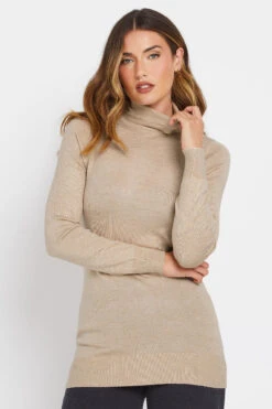 LTS Tall Beige Brown Long Sleeve Roll Neck Jumper