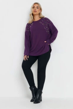 YOURS Curve Pull Doux Au Toucher à Imprimé Léopard Violet -Evans Boutique 4447d3db ae35 43 303874 B