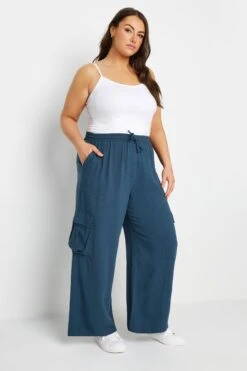 YOURS - Pantalon Bleu Marine En Lin Coupe Cargo -Evans Boutique 476097b6 21bd 4c 143861 B