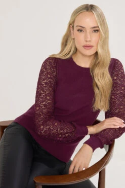 LTS Tall Burgundy Red Lace Sleeve Knit Jumper