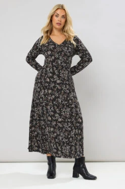 YOURS Curve Robe Longue Henley Côtelée Noire à Fleurs