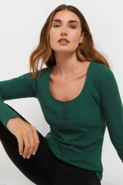 LTS Tall Emerald Green Ribbed Button Long Sleeve Top -Evans Boutique 48030676 72dd 46 355105 D