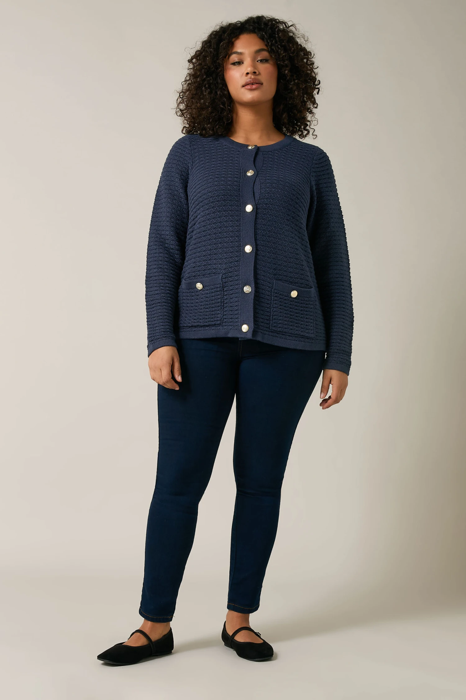 EVANS Curve Navy Blue Button Through Knitted Cardigan 5 EVANS Curve Navy Blue Button Through Knitted Cardigan – Image 3