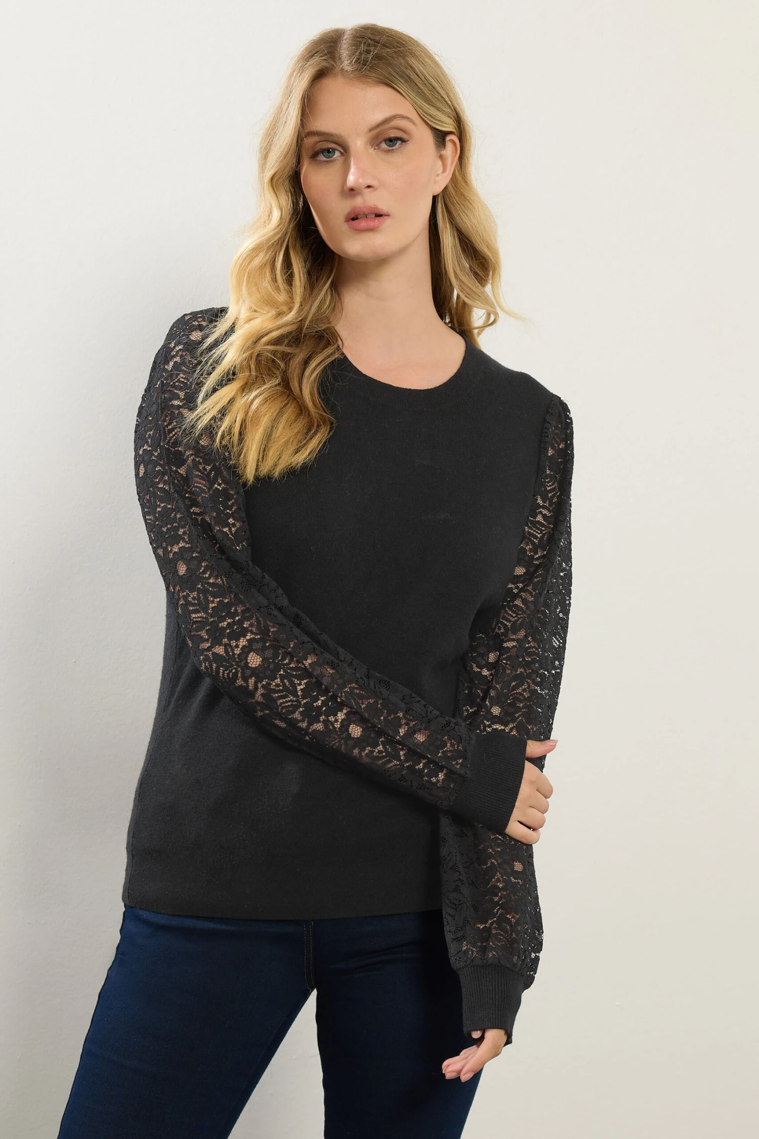 LTS Tall Black Lace Sleeve Knit Jumper 3 LTS Tall Black Lace Sleeve Knit Jumper
