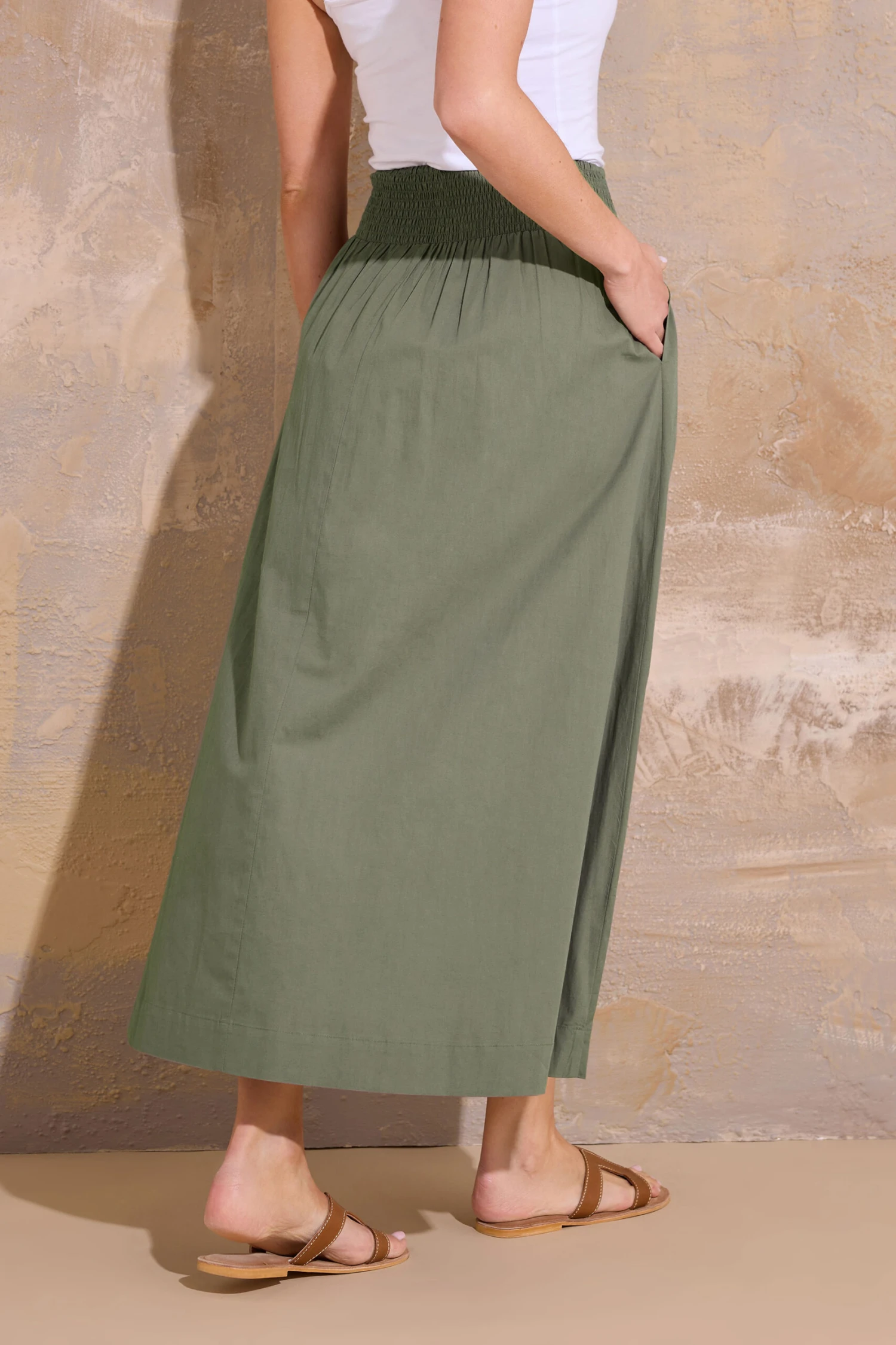 LTS Tall Khaki Green Cotton Shirred Waist Maxi Skirt 5 LTS Tall Khaki Green Cotton Shirred Waist Maxi Skirt – Image 3