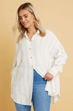 YOURS - Chemisier Crème à Rayures En Lin Manches Longues