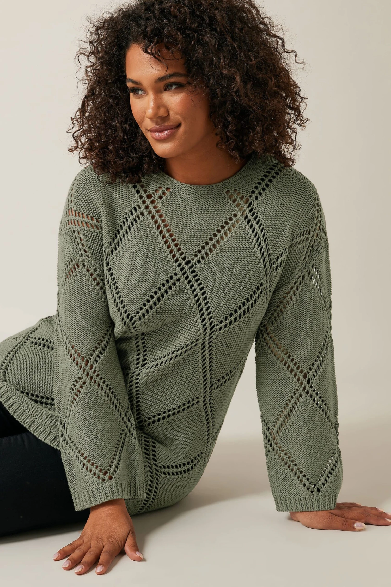 EVANS Curve Khaki Green Diamond Pointelle Jumper 6 EVANS Curve Khaki Green Diamond Pointelle Jumper – Image 4
