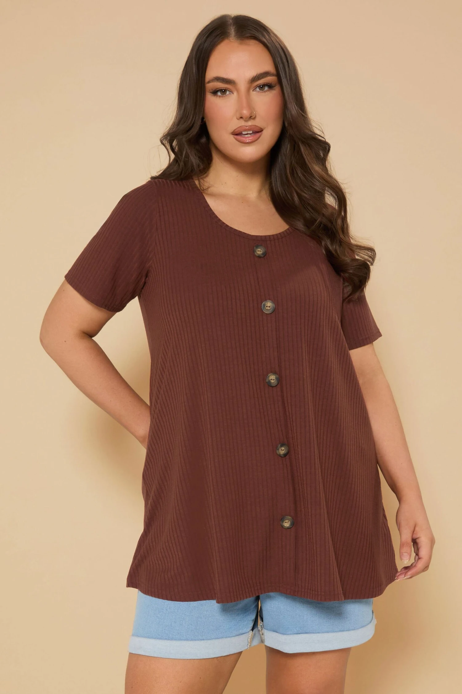 YOURS - Top Marron Clair Nervuré Volanté Manches Courtes 3 YOURS - Top Marron Clair Nervuré Volanté Manches Courtes