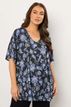 EVANS Curve Blue Paisley Pleat Front Swing Top