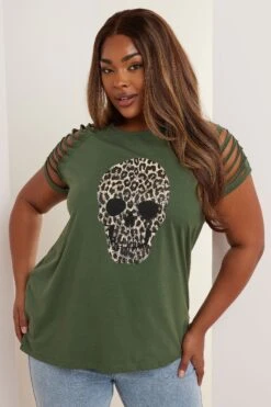 YOURS - Top Vert Kaki Squelette Manches Courtes Découpées