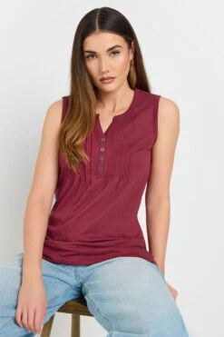 LTS Tall Dark Red Cotton Henley Vest Top