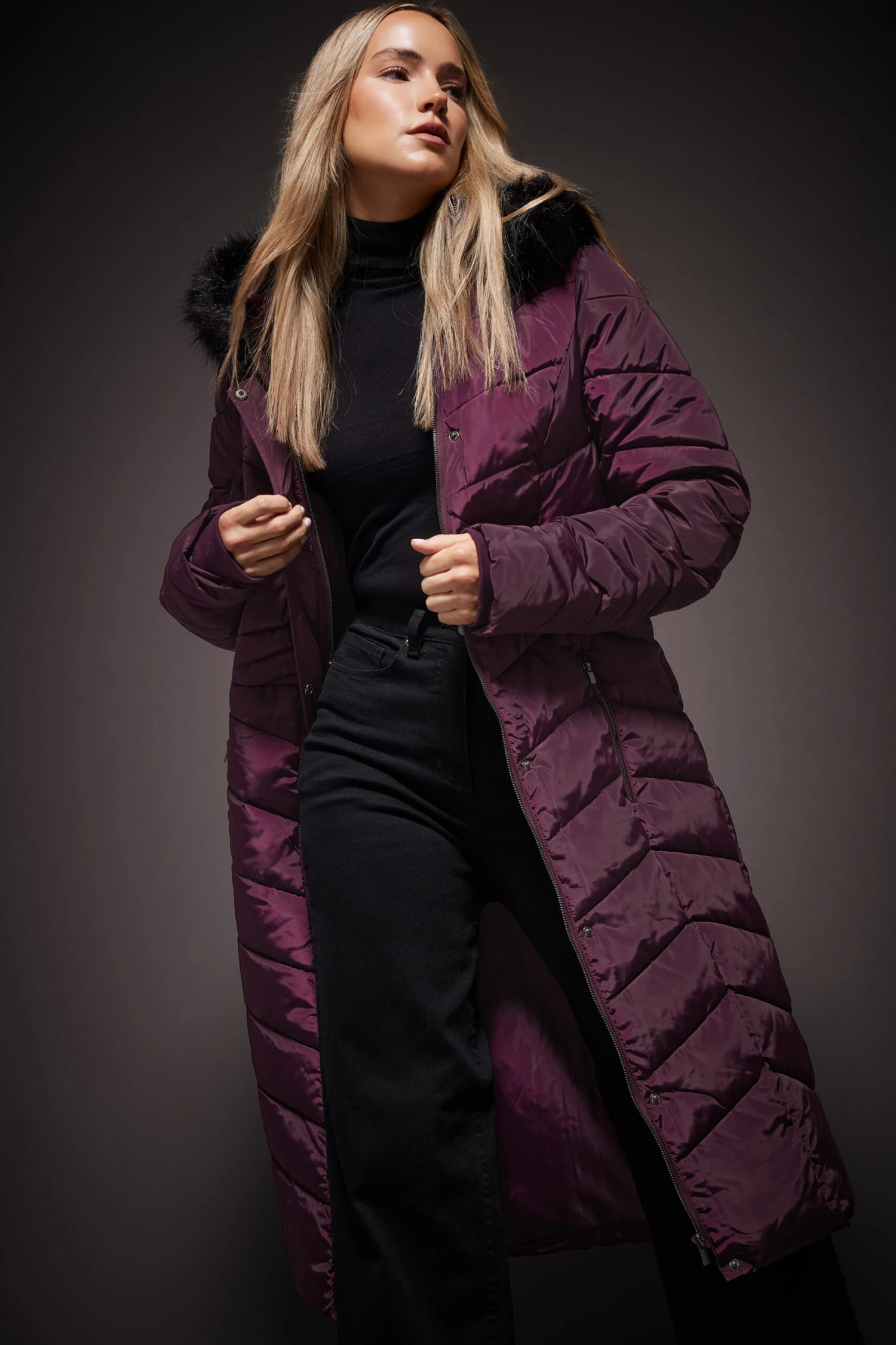 LTS Tall Burgundy Red Faux Fur Trim Padded Longline Coat 3 LTS Tall Burgundy Red Faux Fur Trim Padded Longline Coat