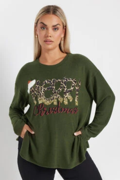 YOURS - Sweatshirt Vert Kaki Brodé 'Merry Christmas' Sequins Léopard