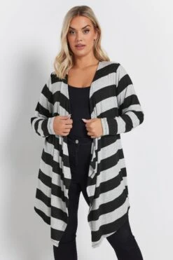 YOURS - Cardigan Noir & Gris à Rayures En Cascade