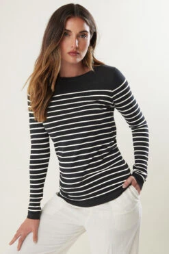 LTS Tall Black Fine Knit Striped Jumper