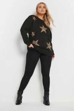 YOURS - Sweatshirt Noir Étoiles Sequins Léopard Manches Longues -Evans Boutique 5188858e 01ae 45 303833 B