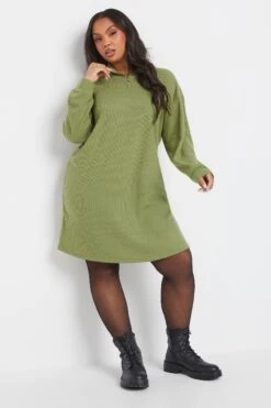 YOURS Curve Robe Pull Côtelée Verte à Col Zippé