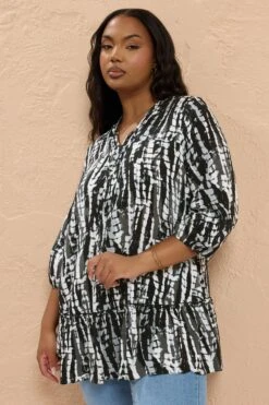 YOURS Curve Chemisier Noir Tie-dye à Col Noué