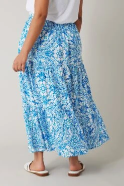 EVANS Curve Blue Tile Print Tiered Maxi Skirt 12 EVANS Curve Blue Tile Print Tiered Maxi Skirt -Evans Boutique 5370b821 29bb 4b 615380 C