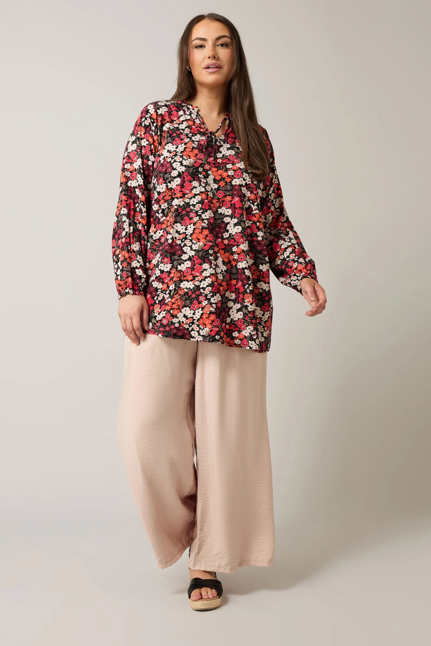 EVANS Curve Orange Ditsy Floral Tie Neck Top 4 EVANS Curve Orange Ditsy Floral Tie Neck Top – Image 2